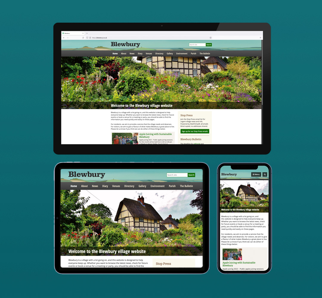 Blewbury Village Website - clean, modern, responsive design on desktop and mobile devices. Website Design by Pete Borlace and Website Development by DarkWhite Digital