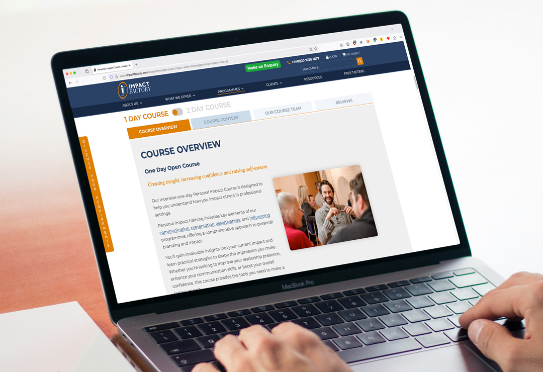 Impact Factory website showing professional development course overview information – responsive website design on desktop and mobile devices by Pete Borlace, for Pilotbean